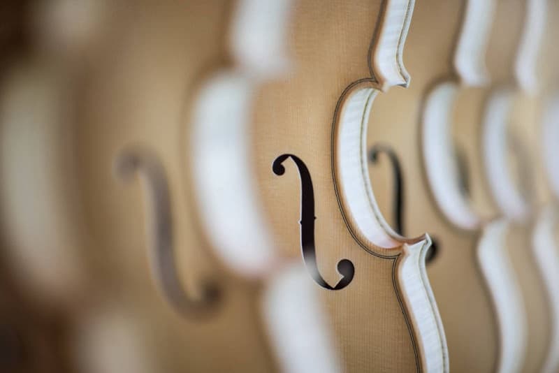 A row of violin tops hanging in the workshop